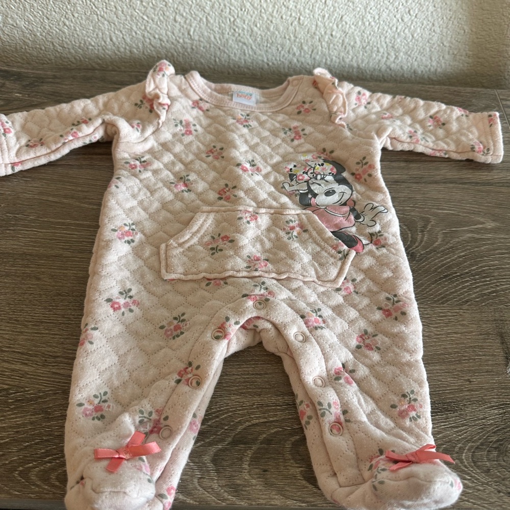 Disney Baby Pink Floral Quilted Footed Romper with Minnie